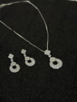 Silver Pavé Circle Pendant Necklace & Drop Earrings Set for Women - Image 2