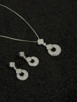 Silver Pavé Circle Pendant Necklace & Drop Earrings Set for Women - Image 5