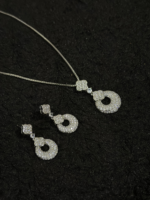 Silver Pavé Circle Pendant Necklace & Drop Earrings Set for Women - Image 6