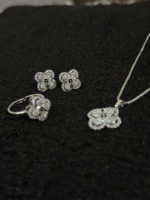 Silver Clover Flower Jewelry Set – Necklace, Earrings & Adjustable Ring - Image 5
