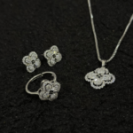 Silver Clover Flower Jewelry Set – Necklace, Earrings & Adjustable Ring - Image 6