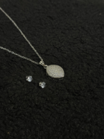 Silver Oval Pendant Necklace & Cubic Zirconia Stud Earrings Set - Image 2