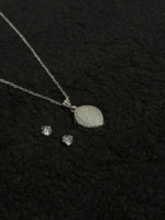 Silver Oval Pendant Necklace & Cubic Zirconia Stud Earrings Set - Image 3