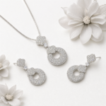 Silver Pavé Circle Pendant Necklace & Drop Earrings Set for Women