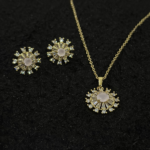 Gold Sunburst Necklace & Stud Earrings Set with Pink Stone – CZ Jewelry