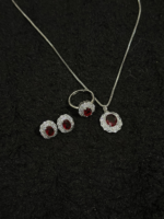 Silver Ruby Red Halo Jewelry Set – Necklace, Earrings & Adjustable Ring - Image 2