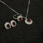 Silver Ruby Red Halo Jewelry Set – Necklace, Earrings & Adjustable Ring
