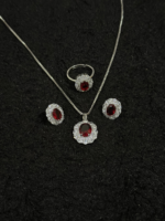 Silver Ruby Red Halo Jewelry Set – Necklace, Earrings & Adjustable Ring - Image 6