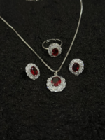 Silver Ruby Red Halo Jewelry Set – Necklace, Earrings & Adjustable Ring - Image 7