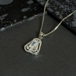 Silver Emerald-Cut Solitaire Pendant Necklace – Vintage Halo CZ Jewelry - Image 2